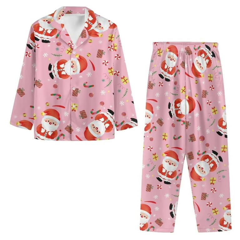 Renewold Christmas Pink Clothing Nightwear Pants Bottom Set of 2 Novelty  Santa Candy Canes Scoop Neck Pajama Button Down for Women Home Life Wear  Size 3XL 