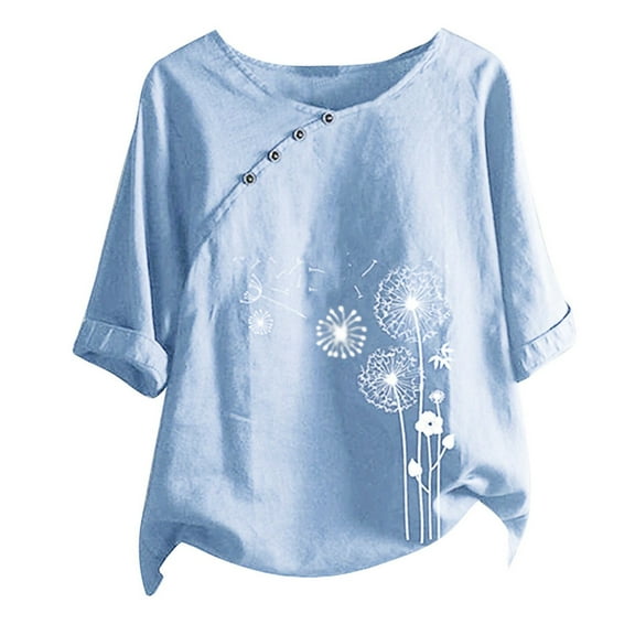 USSUMA Womens Tops Dressy Casual Summer Women's Plus Size Summer Cotton Linen Tunic Shirt Vintage Dandelion Print Tops Short Sleeve Blouse T-Shirt