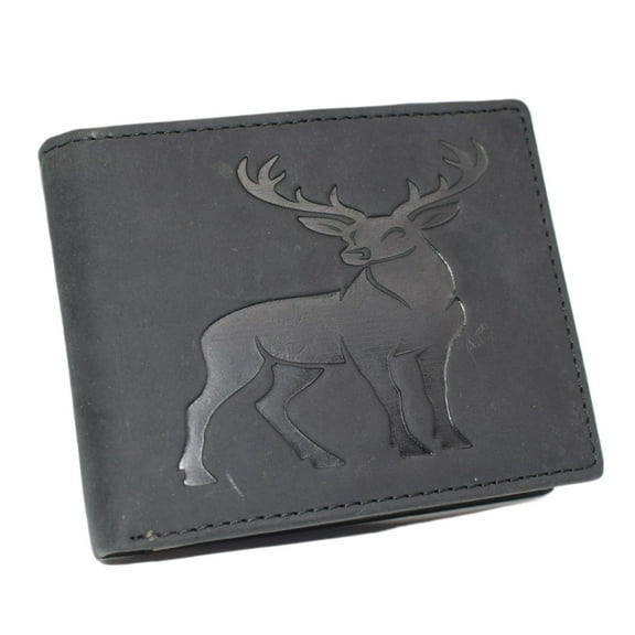 Deer Bifold RFID Blocking Leather Wallet for Men Slim ID Window & 9 Card Slots Black