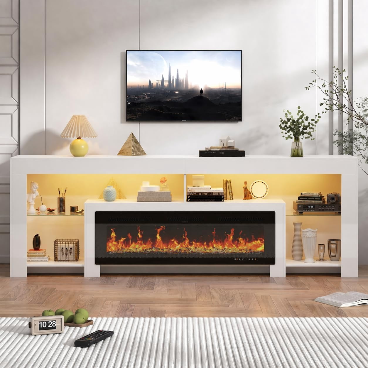 Blotout Fireplace TV Stand for 95/100''TV with 50'' Fireplace, 94.5'' Modern LED Entertainment Center with Overheat Protection, Adjustable Shelves, 2 Tier Fireplace Console for Living Room, Bedroom