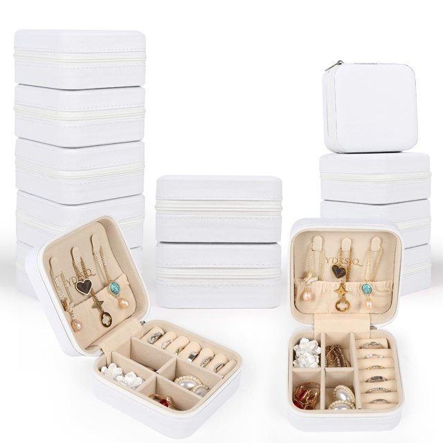 Joyero Pequeño De 12 Piezas, 10x10x5cm Estuche Organizador de Joyas para Viajes, Joyero Portátil con Compartimentos para Anillos, Pendientes, Collares (Blanco)