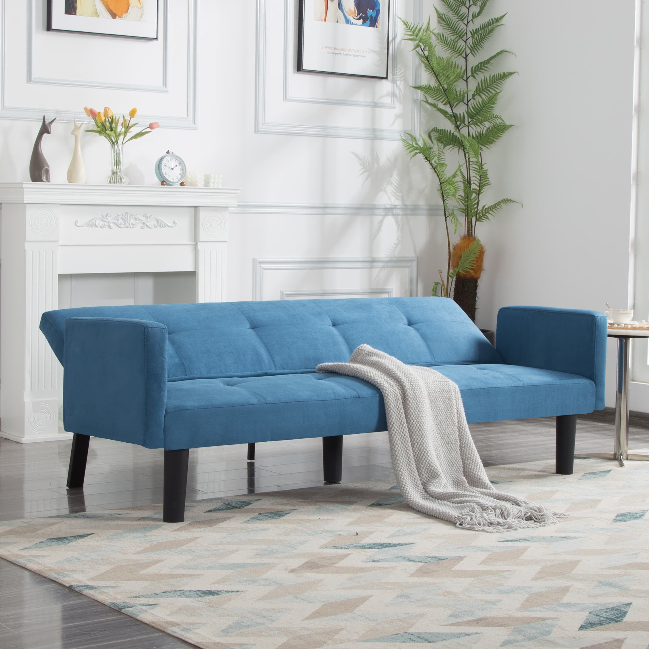 Gewnee 73.6" Futon Convertible Sofa Bed,with 3-Position Adjustable Backrest,Faux Suede Upholstery,Quick & Easy Assembly,Twin-Size Sleeper Sofa(Blue)