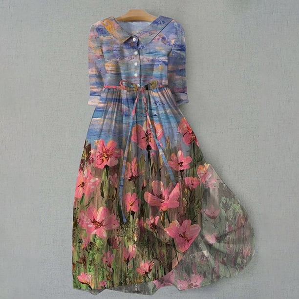 WILLBEST Vestidos de Algodon para Mujer, Estilo Coreano, con Cordones, Cintura Definida, Camisa, Vestido Midi de Verano, Media Manga, Vestido de Línea A A La Moda 363 Extra Grande