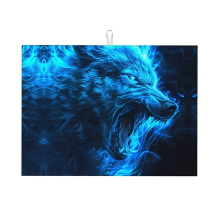 

Large Dish Drying Mats for Kitchen Counter - Blue Fire Wolf 18x24In Anti-Slip Absorbent Microfiber Drying Mat for Kitchen Counter Mat Dish Rack Mat with Hanging Loop