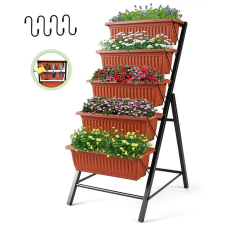 Funcid 4 ft Vertical Garden 5-Tier Raised Garden Bed Planter Box for Patio Balcony Flower Herb Freestanding Garden Planter Brown, 26"×22.75×45"