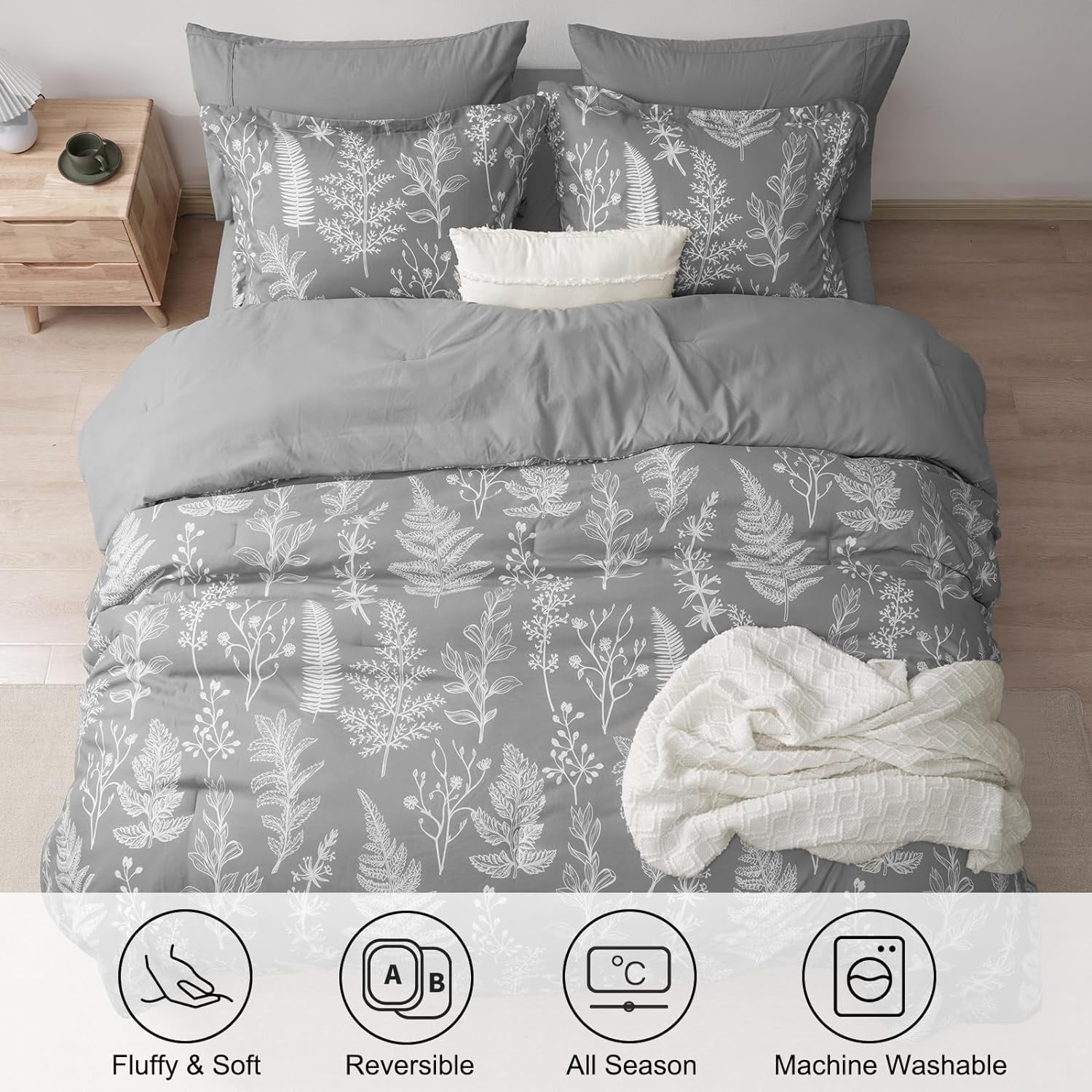 PHF 7 Pieces Printed King Comforter Set, Lightweight Reversible Botanical Bedding Set Include Comforter, Pillow Shams, Flat Sheet, Fitted Sheet and Pillowcases, Grey