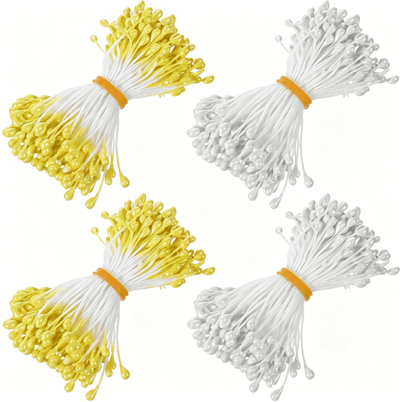 TUWAFE 600 Pcs Flower Stamens 3Mm Pearl Double Heads Stamen Artificial Floral Stamens for Flower Making Diy Crafts Wedding Bouquet Decoration Scrapbook Card (White Yellow)