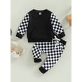 thumbnail image 2 of ZAXARRA Kid Boy Girl Shirt Pants Suit Long Sleeve Round Neck Checkerboard Tops Drawstring Jogger Pants, 2 of 8