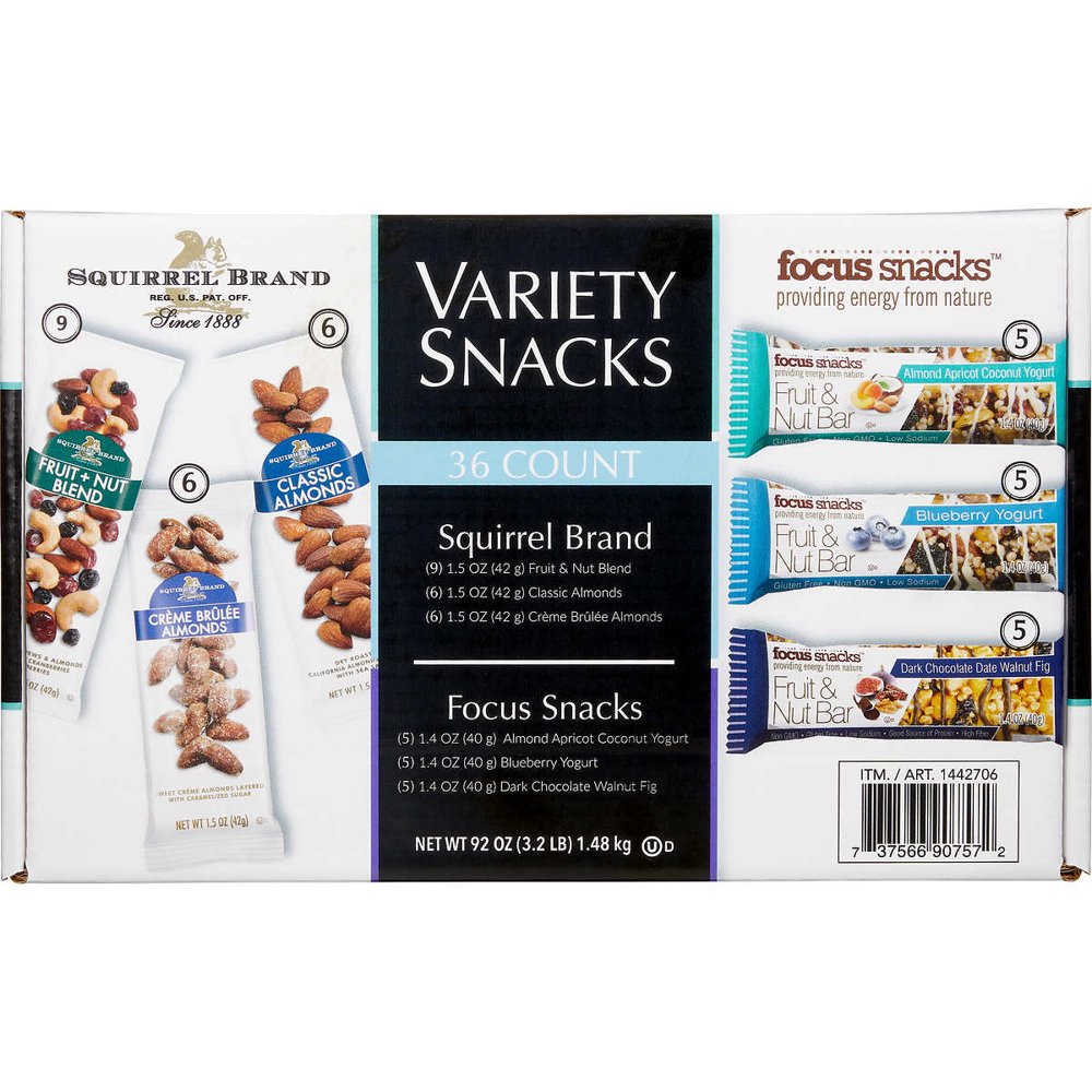 Squirrel Brand and Focus Snacks Fruit & Nut Snack Pack, Variety, 36