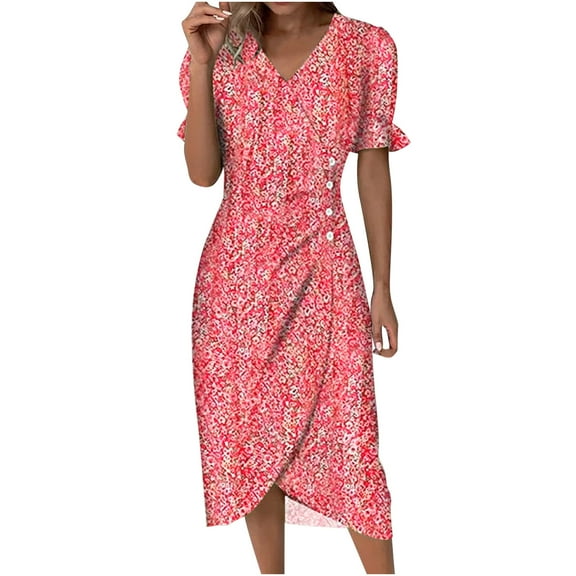 Dyegold Sundresses for Women Casual Beach - Holiday Dresses for Womens V Neck Short Sleeve Plus Size Wrap Floral Print Maxi Sun Dress ​Beach ​Prom ​Tunic Dresses