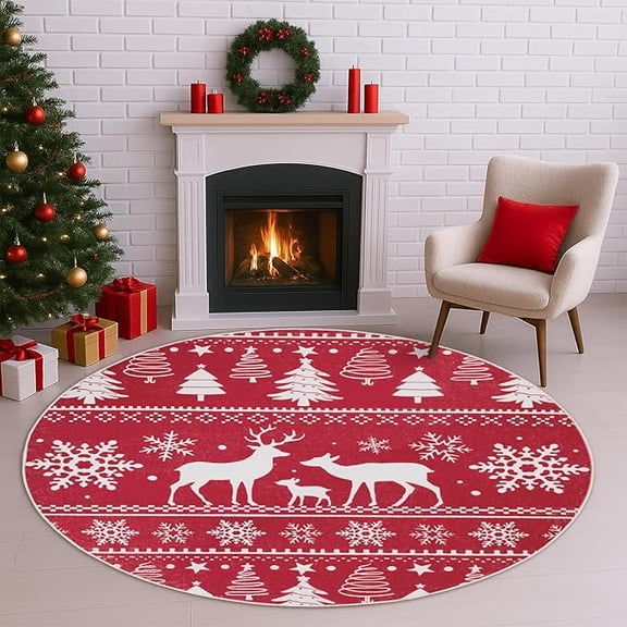 4' Machine Washable Christmas Round Area Rug, Non-Slip Vintage Floral Circle Floor Rugs for Kids, Low Pile Room Carpet for Living Room, Bedroom, Dining Room & Nursery(4' Elk)