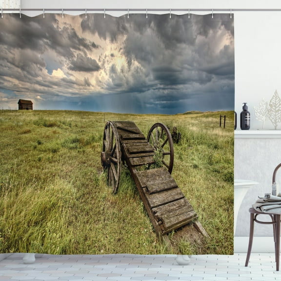 Ambesonne Wagon Wheel Shower Curtain, Prairie Cart, 69"Wx70"L, Green Brown Grey