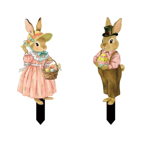 2Pcs 10Inch Easter Bunny Yard Signs with Stakes for Outdoor Lawn Porch Garden Pathway Walkway Decorations