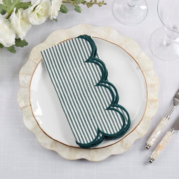 Fennco Styles Green Striped Scalloped Cotton Cloth Napkins 20" W x 20" L, Set of 4 - Elegant Dinner Napkins for Everyday Use, Holidays, Christmas, and Weddings
