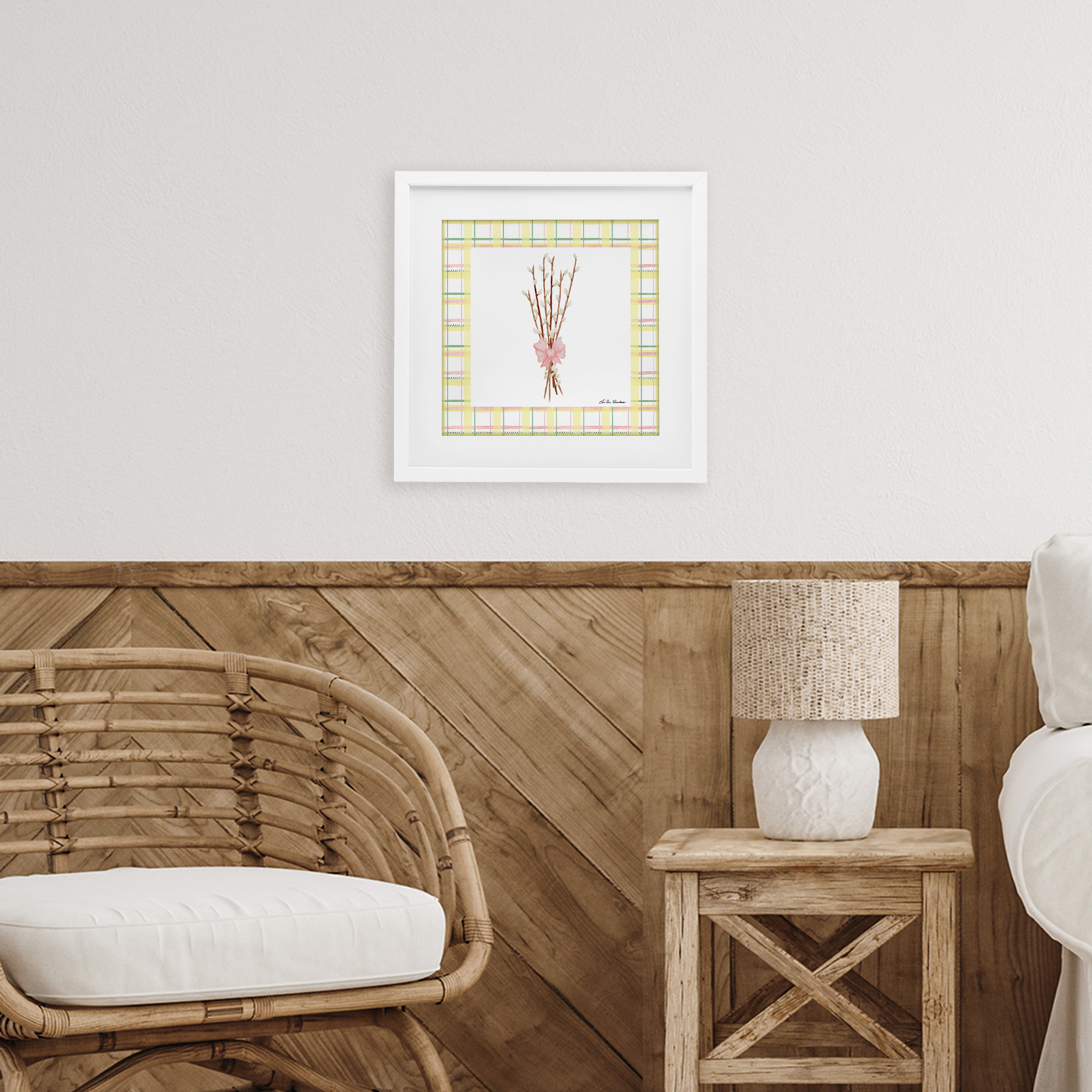 Pastel Spring Pussy Willow White Framed Print Under Glass, design by Lee Ann Sanders