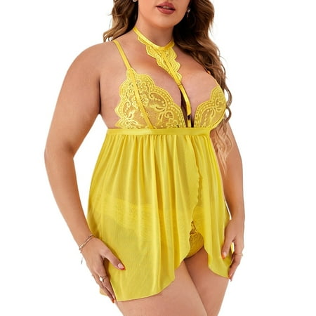 

Women Plus Size Lingerie Perspective Lace Nightdress Briefs 2Piece Set Sleepwear