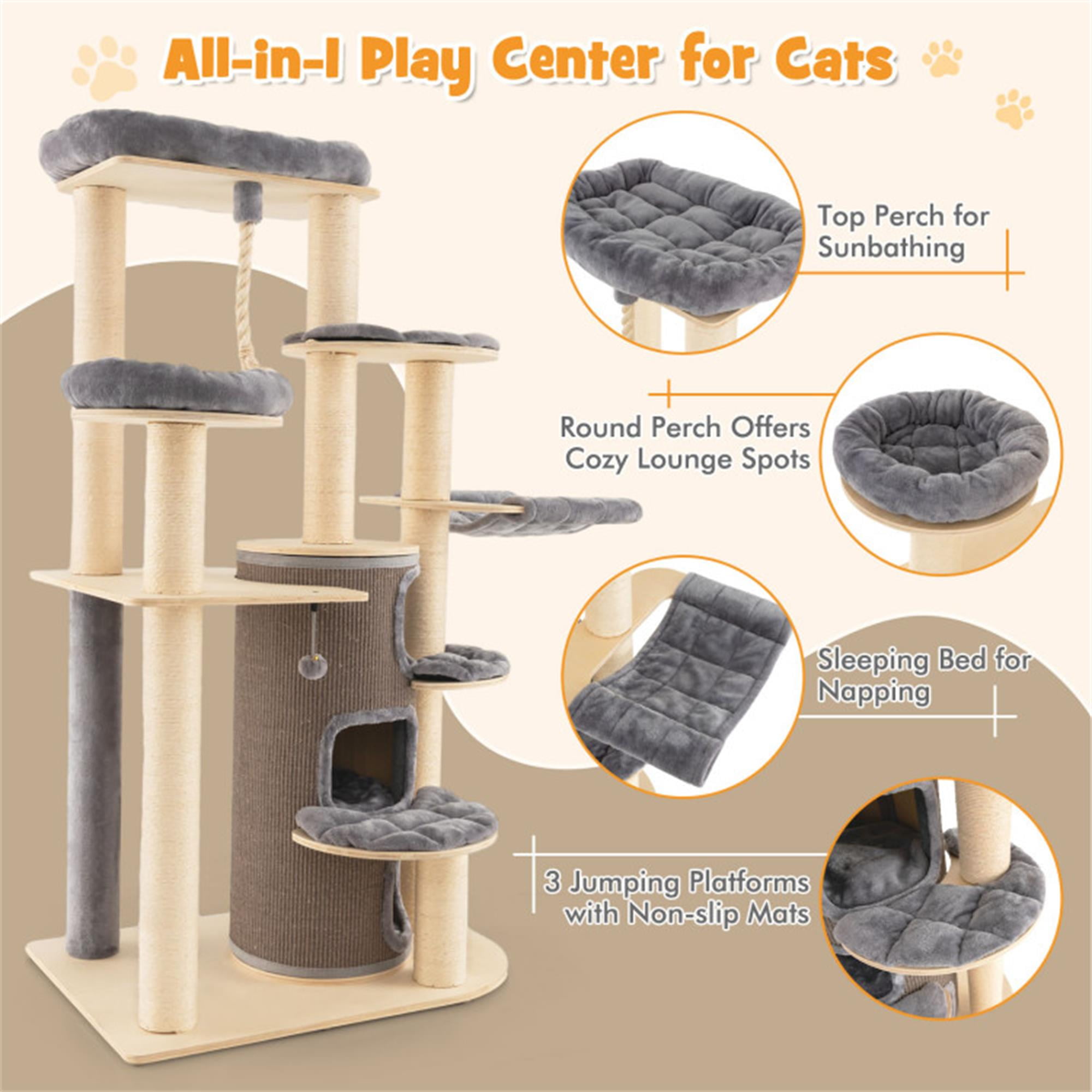 Kadyn 67" Cat Tree Tower for Indoor Cats, Multi-Level Cat Tree House with 3-Story Cat Condo, Top Perch, Sisal Rope Scratching Posts, Gray