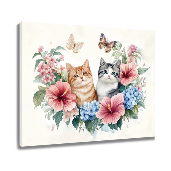 NEONWE Cute Cat Watercolor Floral Canvas Wall Art Animal Flower and Cats Lover Prints Posters Wall Decor Nature Aesthetic Home Art for Living Room Bedroom Bathroom Office Wall Decor, 8x10 Inches