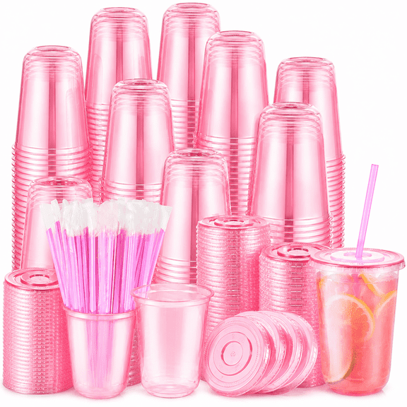 Plastic Cups With Lids And Straws 16 Oz Disposable Iced Coffee Cups 50 Pack, Pink