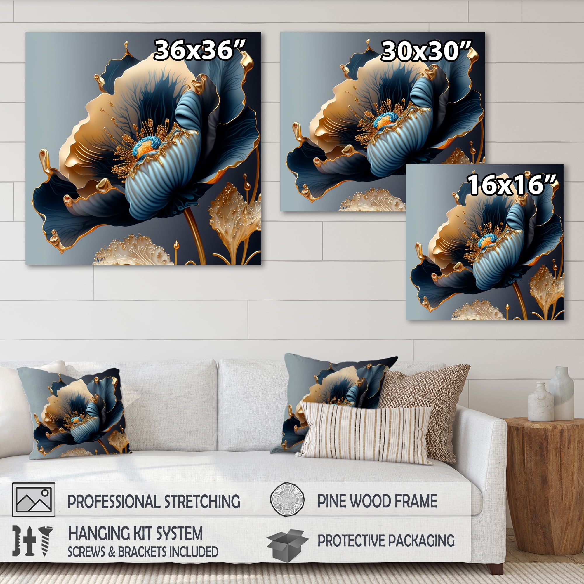 Designart Deep Blue And Gold Single Flower III Canvas Wall Art