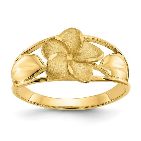 14k Yellow Gold Solid Polished Satin and Sparkle Cut Plumeria Ring Size 6 - Ring for Women