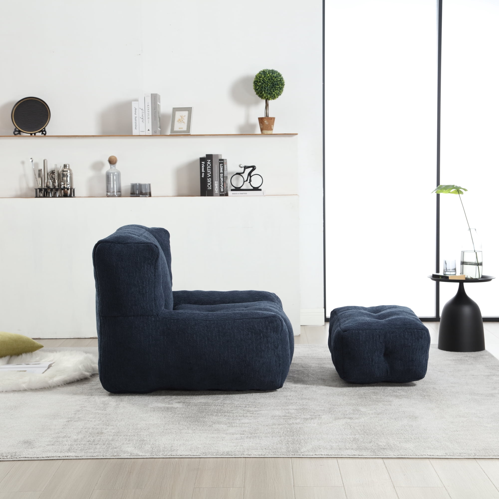 DEALTOPS Fluffy Bean Bag Chair with Ottoman for Adults & Teens, Super Soft Lazy Sofa Chair with Memory Foam for Living Room, Bedroom, Apartment-Blue