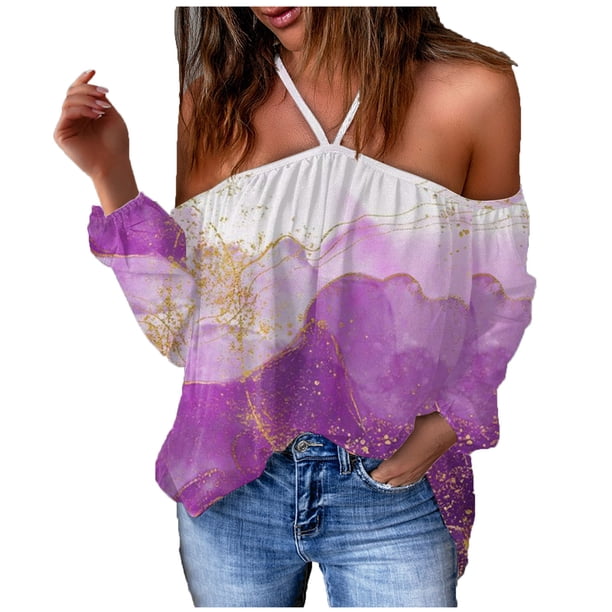 Mujeres Flores Impresión Cuello en V Manga larga Halter Sexy Fuera del hombro Camiseta Casual Tops Blusa Fridja czfsfas4566