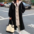 thumbnail image 4 of Women Winter Coat - Fake Two-piece Hooded Colorblock Long Sleeve Loose Knee Length Thick Plush Warm Drawstring Single-breasred Overcoat, 4 of 8