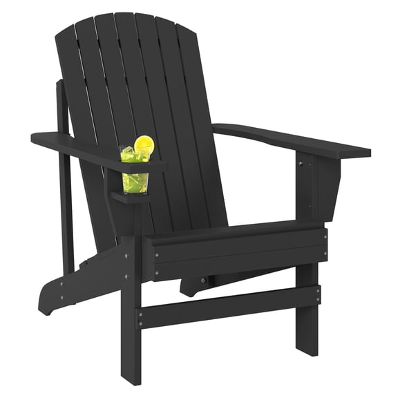 Adirondack Chair Outdoor, Black Wood Fire Pit Patio Lounge Chair with Cupholder, Classic Porch Seating, Heavy Duty 330lbs Capacity