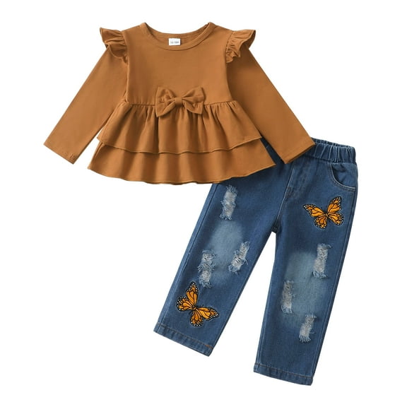 6 Months Baby Girls Clothes 12 Months Girls Fall Winter Pant Set Infant Girls Long Sleeve Round Neckline Solid Color Top Jeans Pants 2PCS Outfits Set Brown