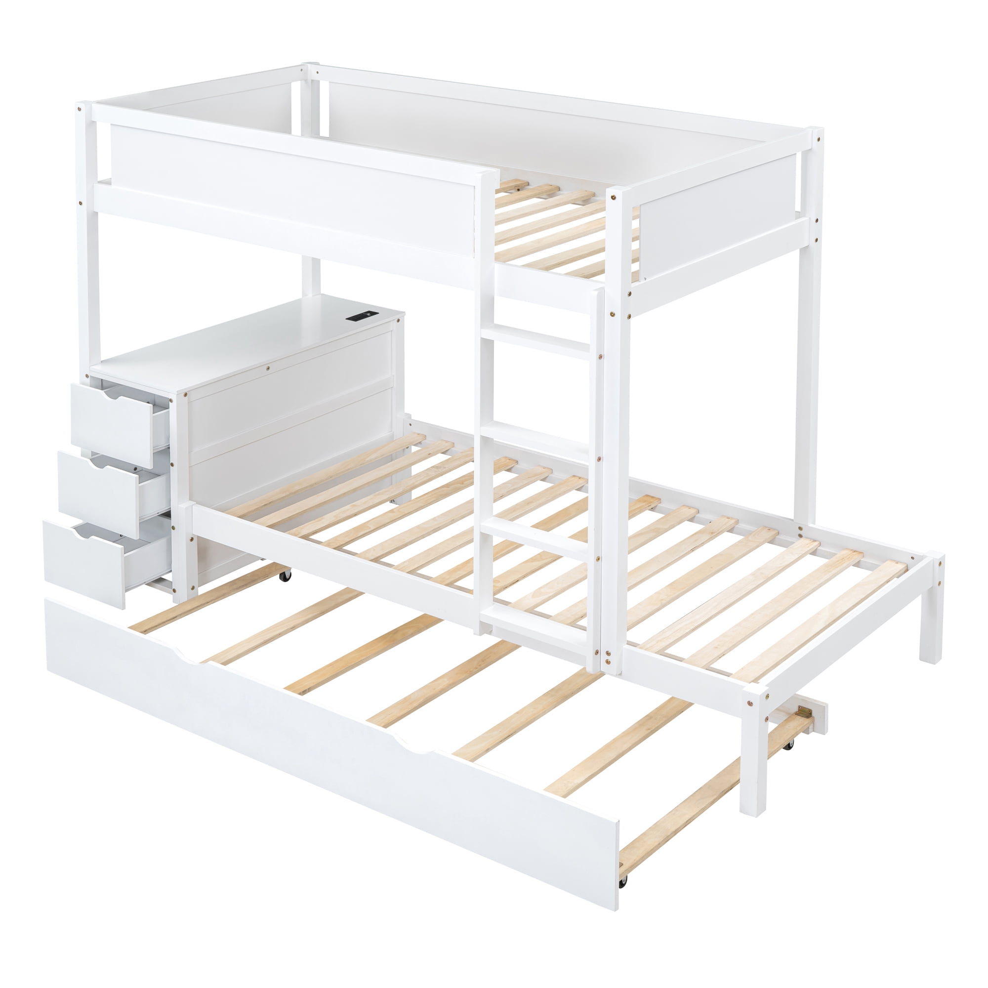Twin over Twin Bunk Bed with Twin Size Trundle, 3 Storage Drawers and Desk, Solid Wood Kids Bunk Bed Frame with Ladder for Kids Teens Adults