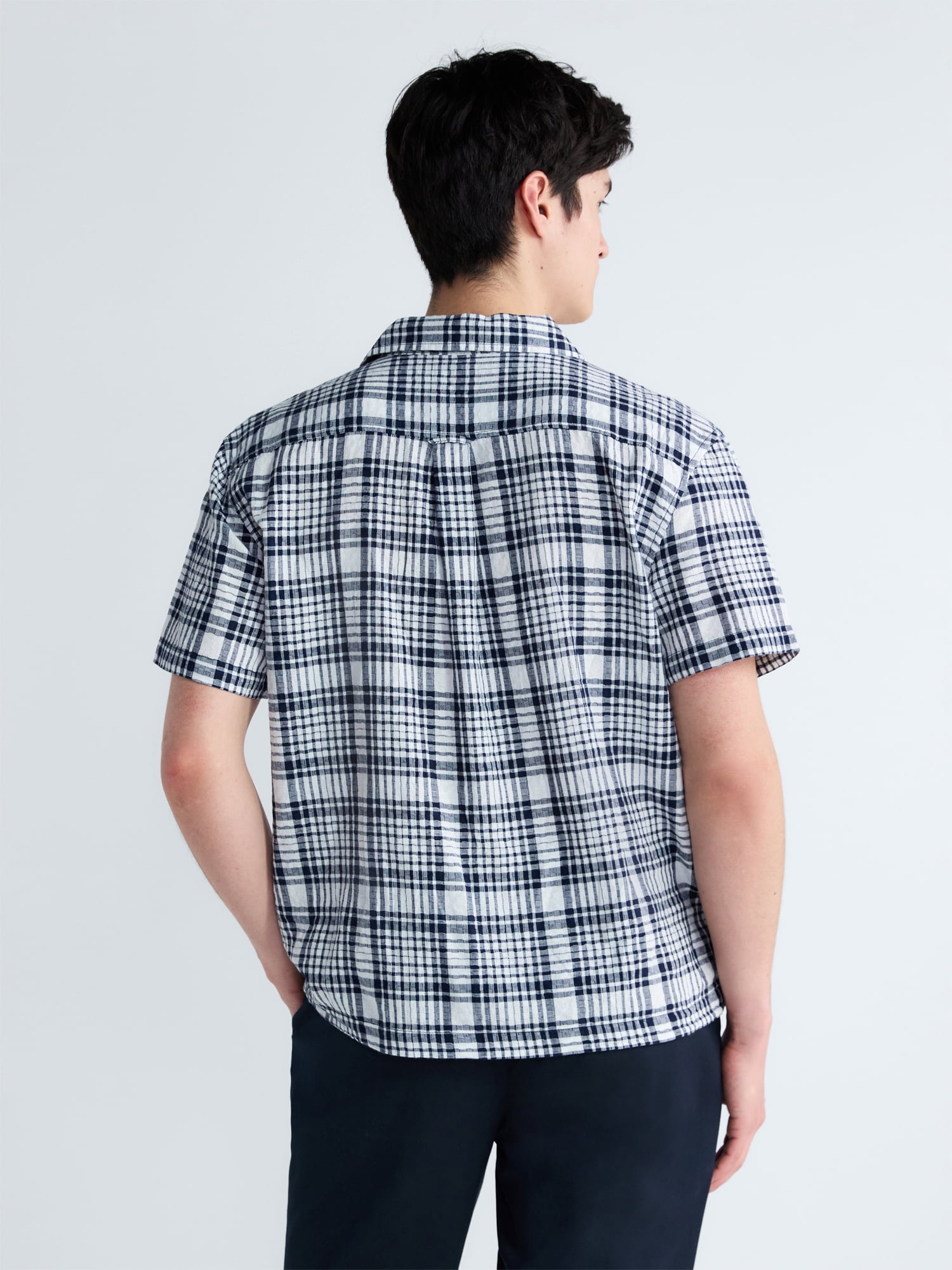 Free Assembly Men's Plaid Cotton Dobby Camp Shirt with Short Sleeves, Sizes XS-3XL