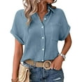 thumbnail image 4 of TODOZO Women Button Down Shirt Rolled Cuffed Short Sleeve Blouse Ladies Summer Casual V Neck Beach Soft Fashion Cotton Blouses Tops with Pocket Short Sleeve Shirts for Women Summer Light Blue Xxl, 4 of 6