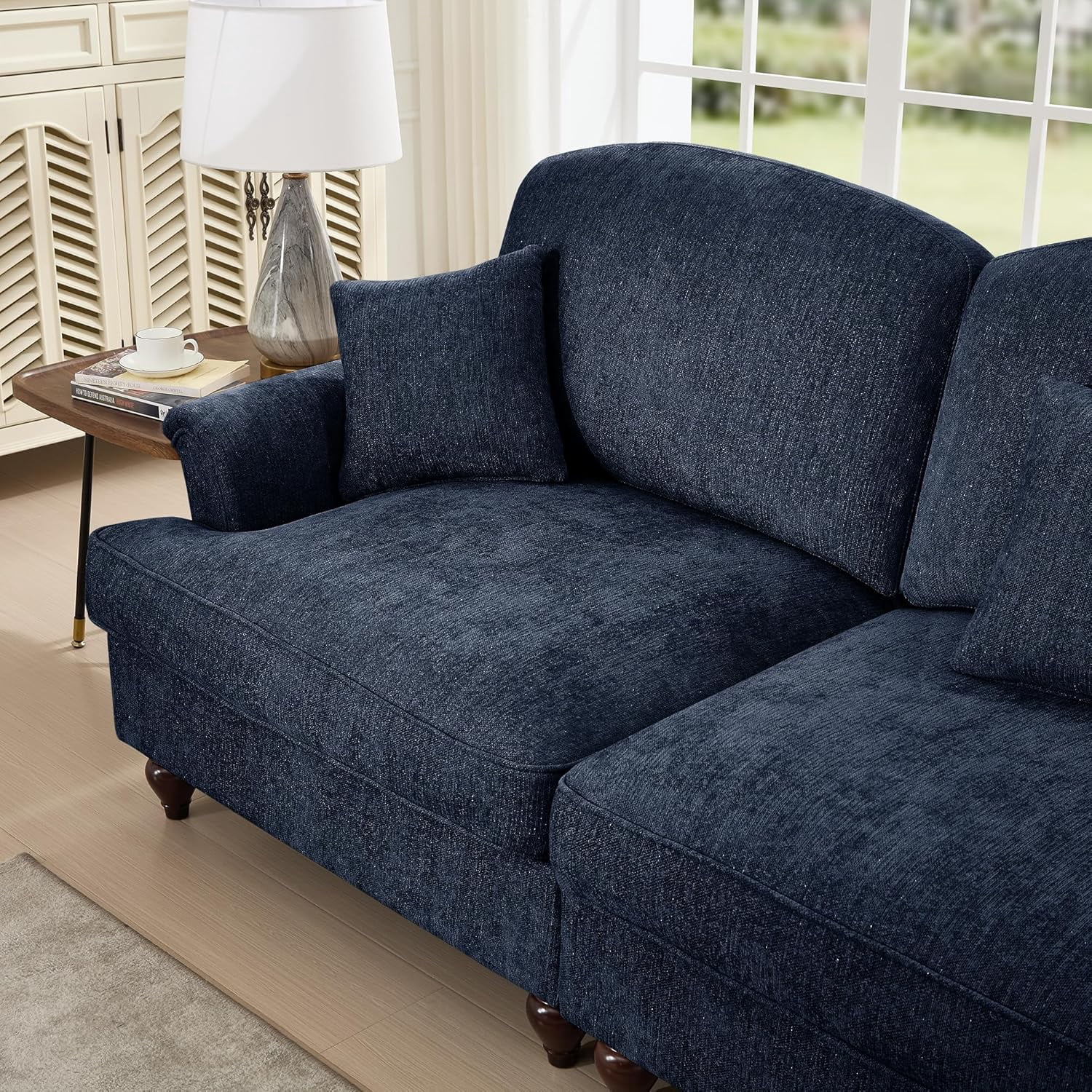 Mid Century Chenille Sectional Sofa, 2 Seat Couch Loveseat with Flared Arms, Removable Ruffles Pleats Skirts, Deep Seat Sofa for Living Room, Blue