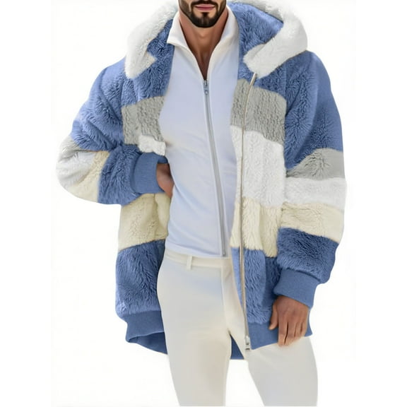 Dagegui Winter Jackets for Men Fleece Zip Up Hoodies Soft Cozy Homewear Coats Trendy Patchwork Hooded Tops Blue S