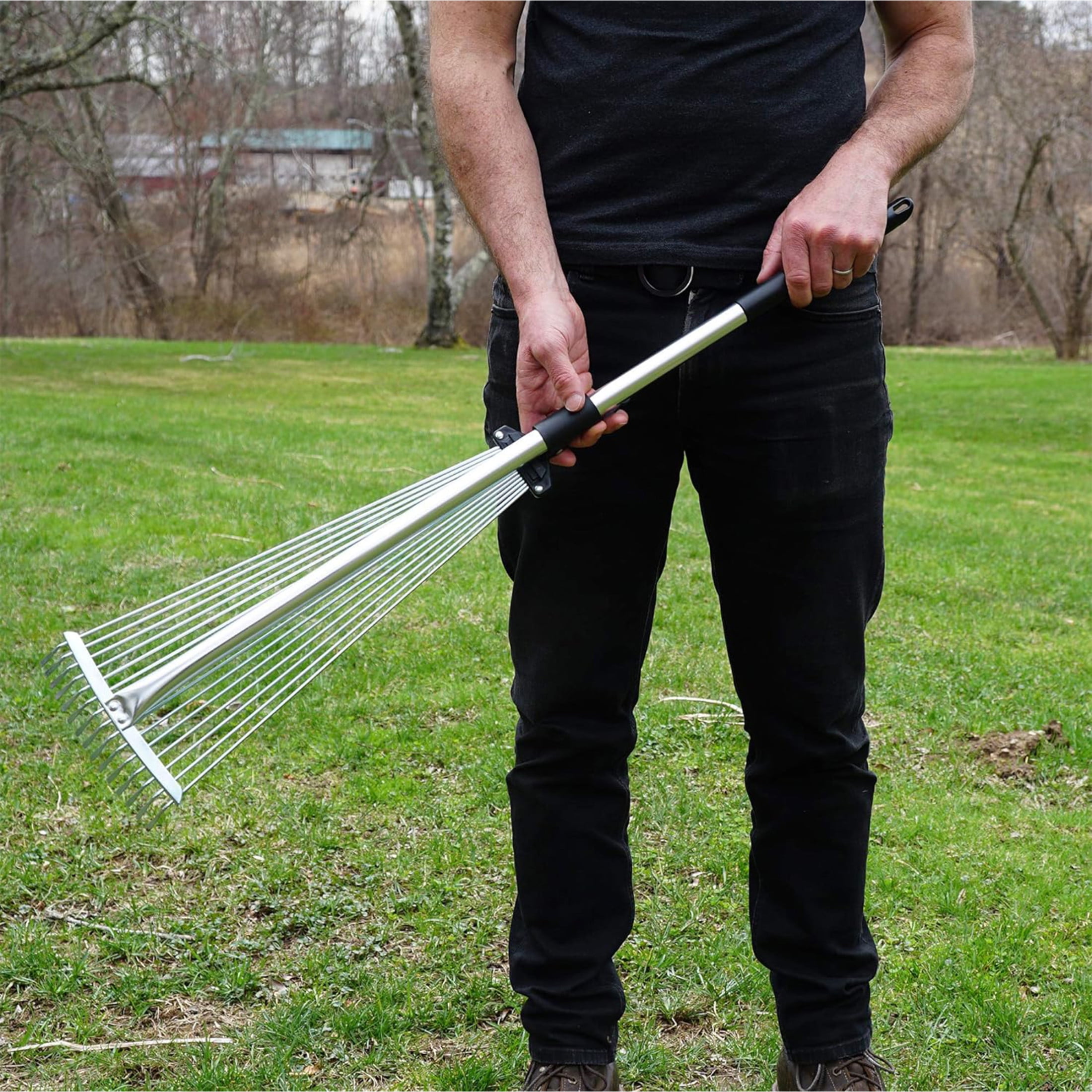 Kings County Tools Metal Rake – Adjustable Width of 7" to 22" Head & Telescoping Handle of 36" to 60" for Lawn & Leaves