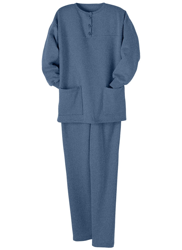 Womens Casual Two Piece Fleece Pantset Henley Pullover Top Sweatsuit