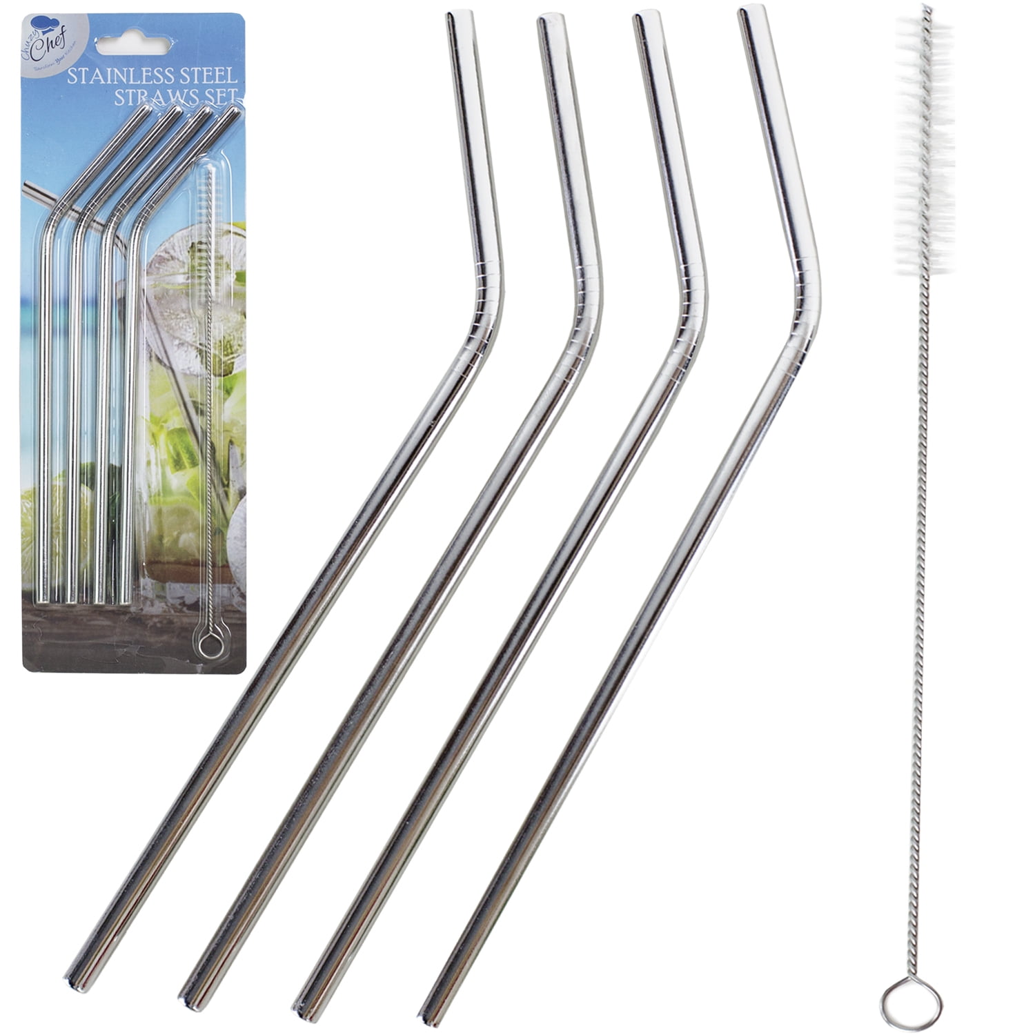 4pc Stainless Steel Metal Silver Reusable Straw Set Extra Wide & Brush & Pouch