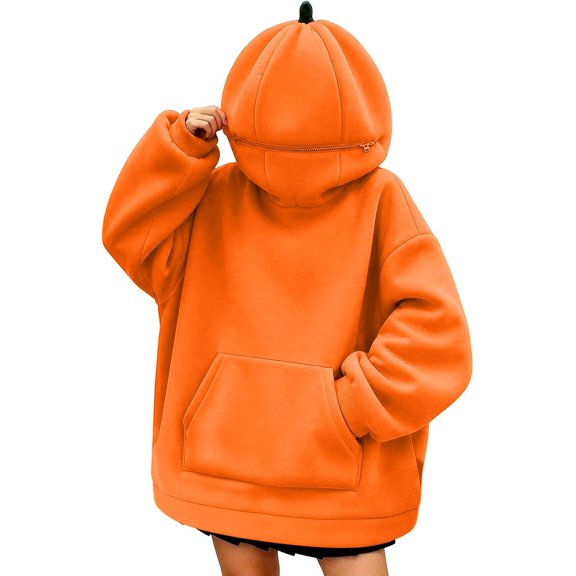 Cute Jack-o'-Lantern Pumpkin Hoodie Sweatshirt, Funny Full-Face Zip Hood Halloween Pullover with Pocket for Adult & Teens