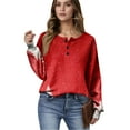 thumbnail image 2 of Women's Casual Christmas Print Waffle Henley Shirt Long Sleeve Top Button Up V Neck Loose Knit Fall Winter Favorite Blouse,Red,M, 2 of 8
