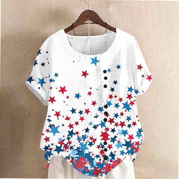 RKSTN Tops for Teachers Women Fashion Casual Linen Tops Printed Short Sleeve Button T-Shirt Blouse School Outfits for Teachers