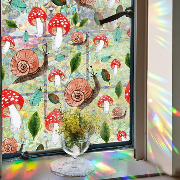 39.4x17 Inch Colorful Mushroom Rainbow Window Privacy Film Snail 3D Stained Window Glass Covering Decorative Window Cling Non-Adhesive Static UV Resistant Decals Sticker for Room Home
