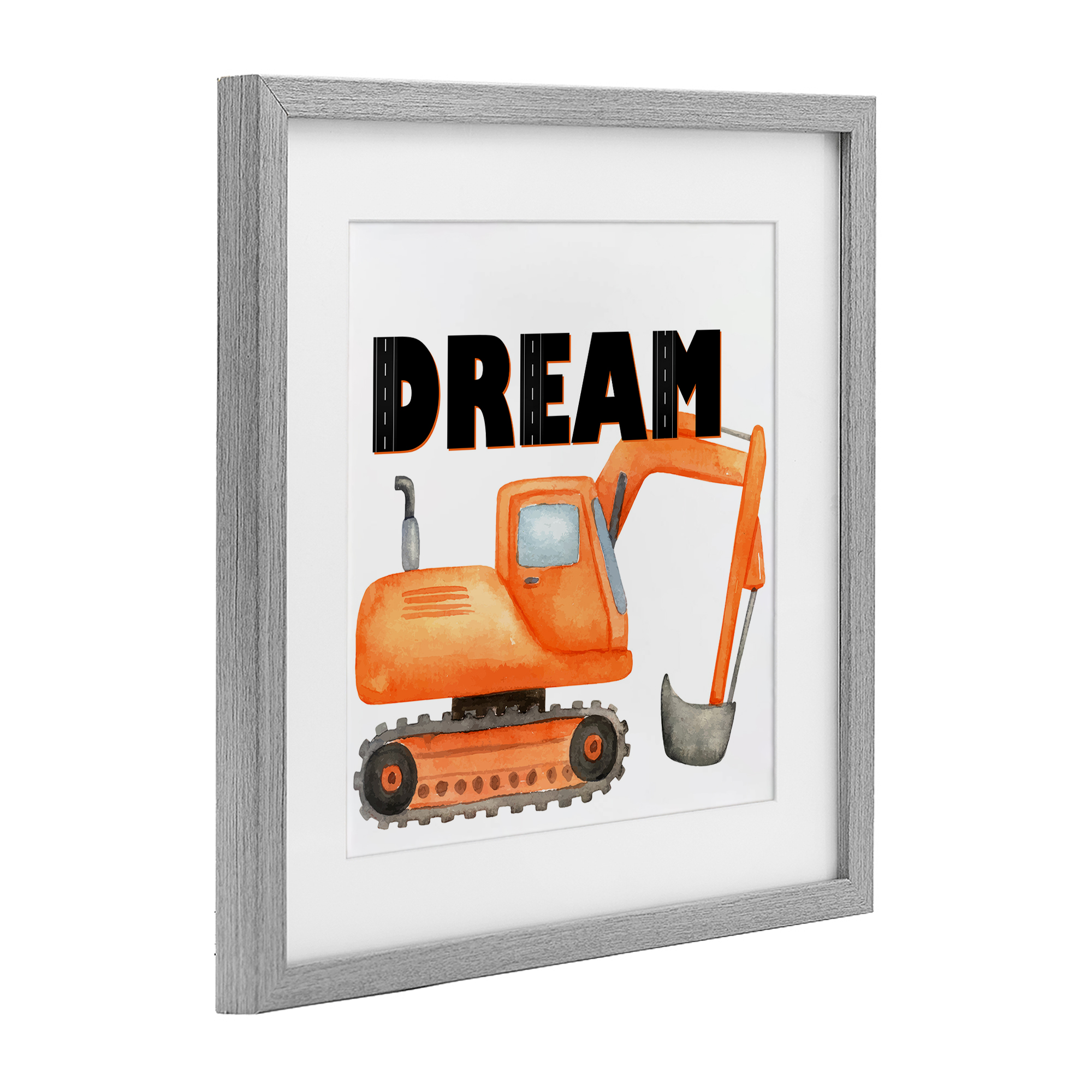 Dream with Orange Excavator Gray Framed Print Under Glass, design by Kim Allen