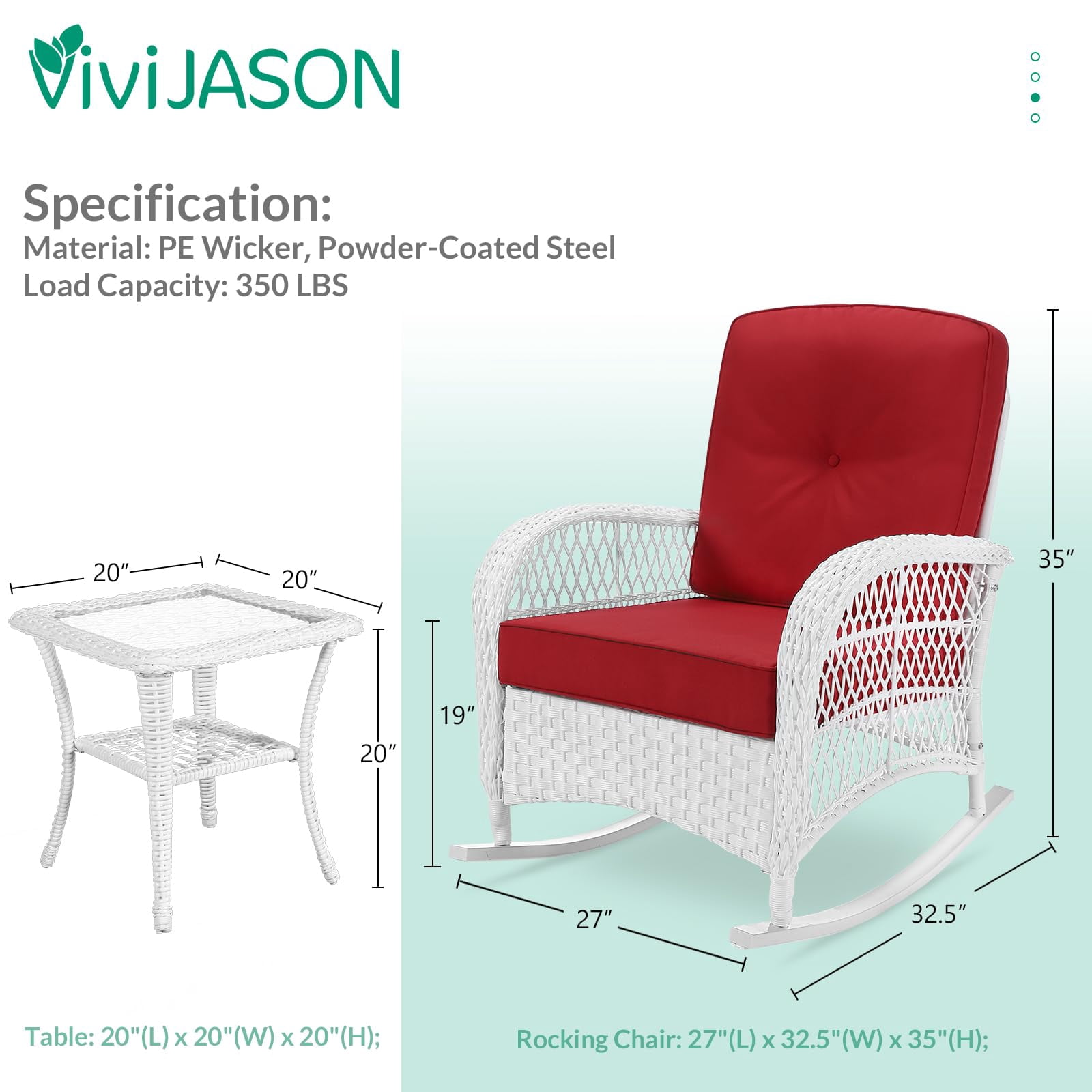 VIVIJASON 3-Piece Outdoor Conversation Bistro Set, Patio Wicker Rocking Chairs Rattan Furniture Sets w/ 2 Rattan Chairs, Cushions, Glass Top Side Table for Garden Porch Backyard (White Wicker/Red)