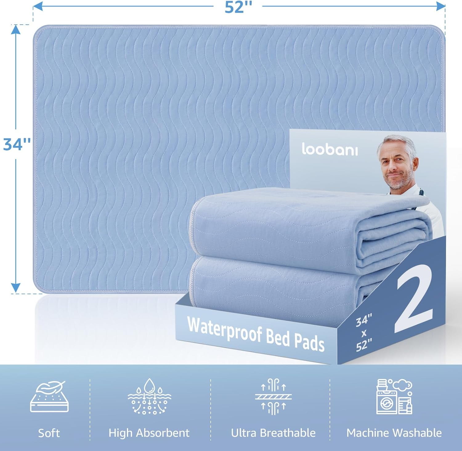 2 Pack 34” x 52” Extra Heavy Absorbency Washable Underpads, Waterproof Quick Drying Nursing Pads Incontinence Bed Pads, Reusable Washable Pee Pads for Dogs, Diaper Changing & Adults