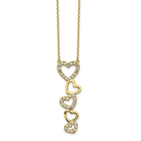14K Yellow Gold Polished Hearts Cubic Zirconia with 2In Extender Necklace