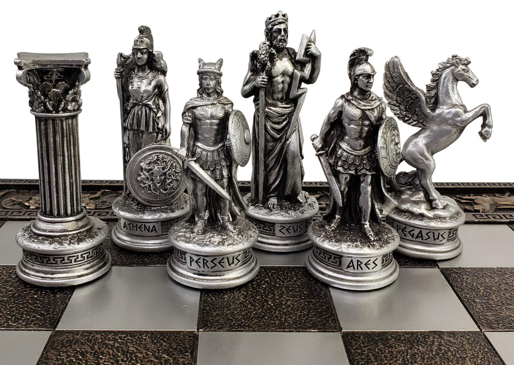 Greek Mythology Olympus Gods Chess Set Pewter  Bronze Color W 17" Greek Board