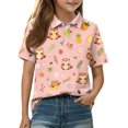 thumbnail image 2 of Girls School Uniform Short Sleeve Henley Cute Cartoon Animal Print Polo Shirts Button Closure Causal Comfy T Shirts, 120, 2 of 5