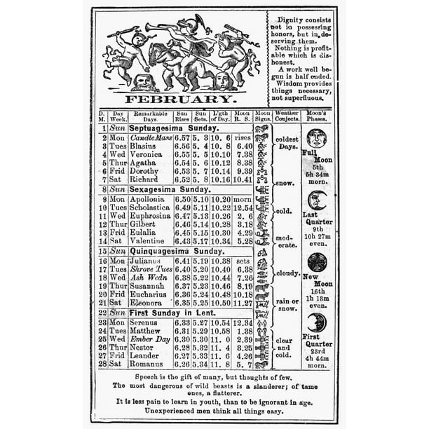 Family Almanac, 1874. /Nthe Calendar For February From Dr. J.H. Mclean