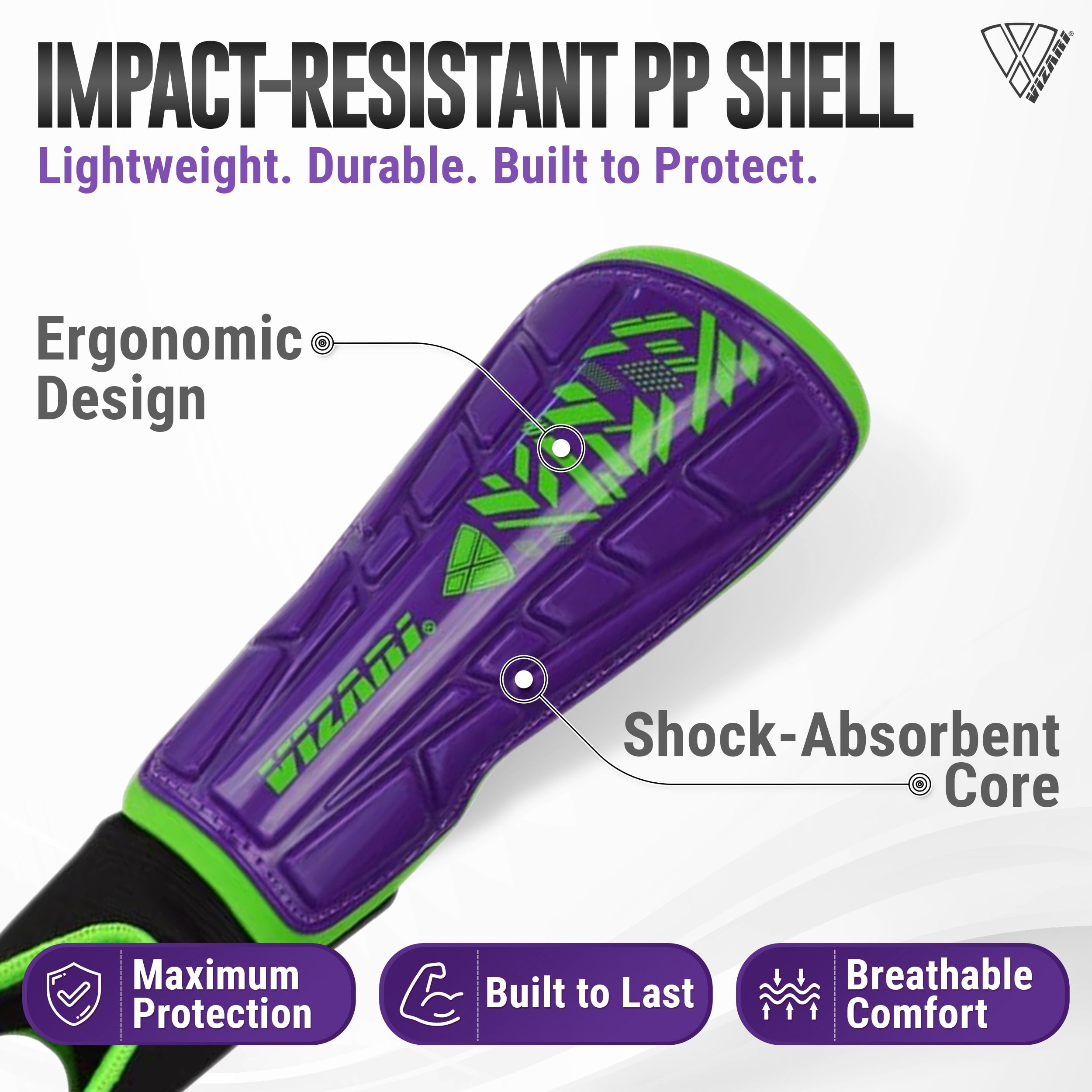 Vizari Malaga Shin Guards with Ankle Protection for Kids, Youth, and Adults | Lightweight Soccer Pads for Boys and Girls Ages 3+ - PURPLE/GREEN, L